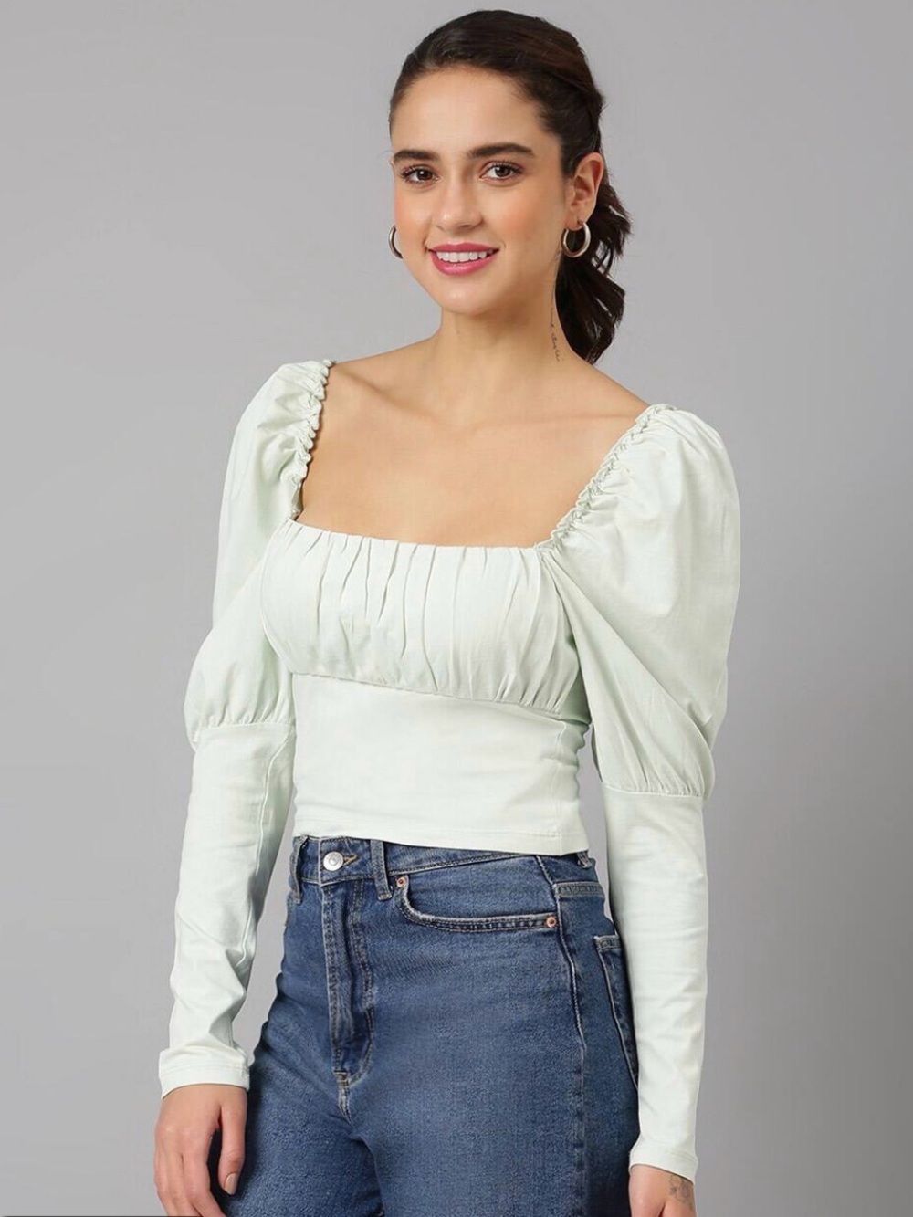 ASOS Mint Green Square Neck Puff Sleeve Crop Top